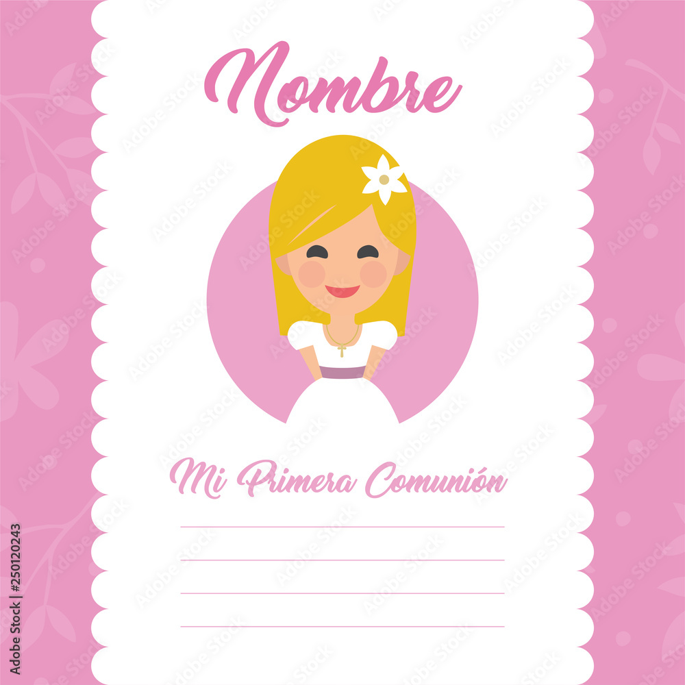 My first communion invitation with message on pink background. Vector