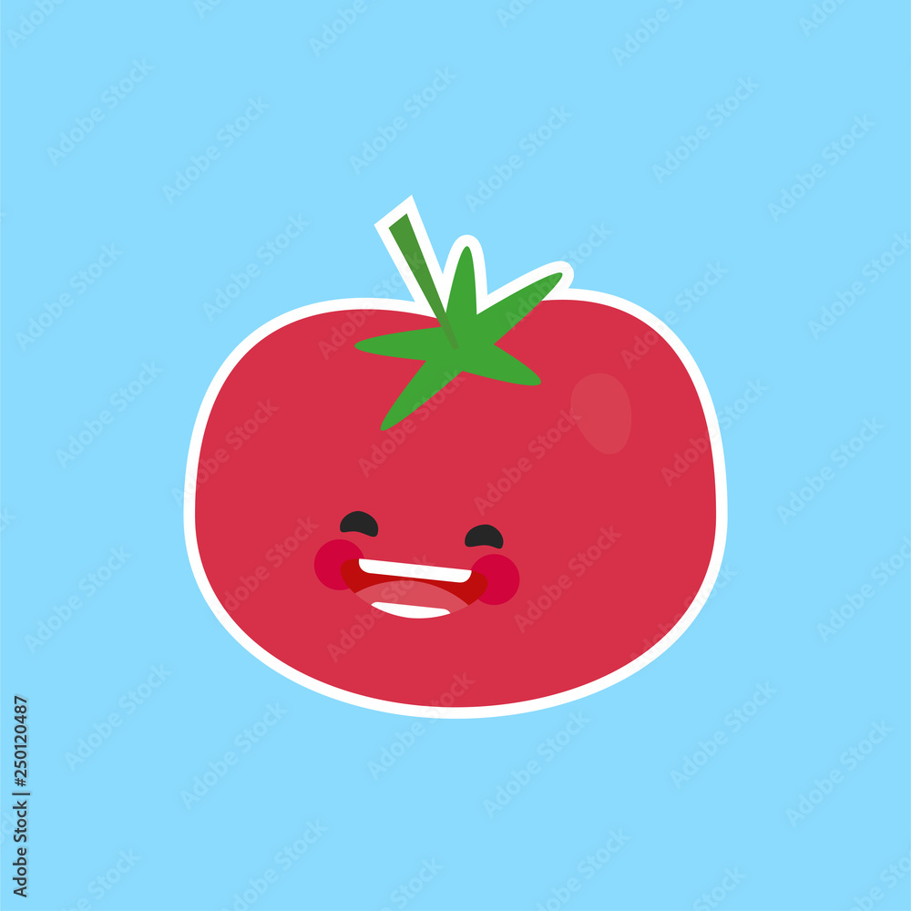 tomato with cute face. Illustration funny and healthy food cartoon. Blue background tomato with cute face. Illustration funny and healthy food cartoon. Blue background