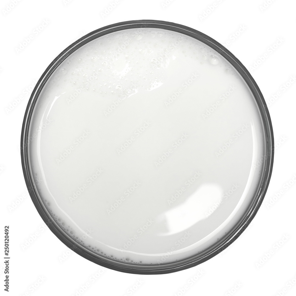Glass of milk with bubbles isolated on white background, top view, clipping path 