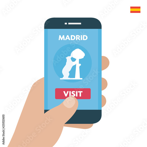 Buy ticket. Madrid Travel. Payment smartphone concept. Visit city