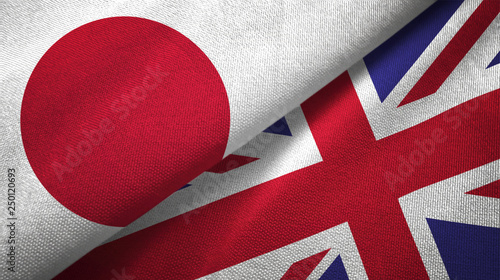 Japan and United Kingdom two flags textile cloth, fabric texture photo