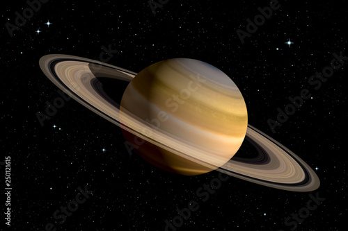 Realistic 3d rendering of Saturn planet with With its rings. Space illustration. Some elements furnished by NASA. photo