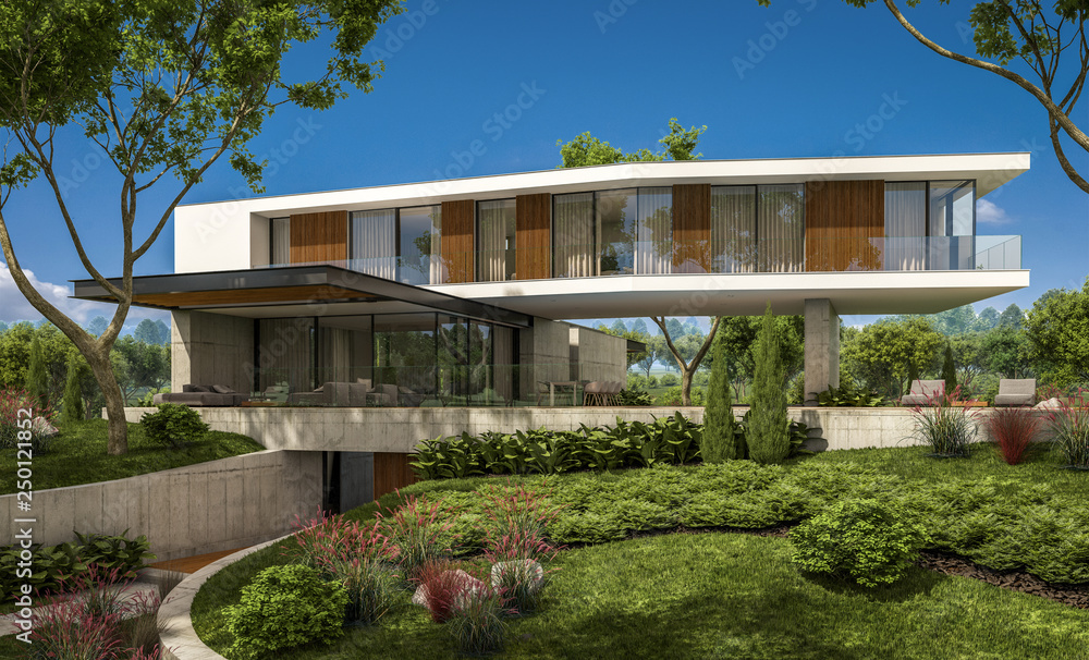 3d rendering of modern cozy house on the hill with garage and pool for sale or rent with beautiful landscaping on background. Clear sunny summer day with blue sky.