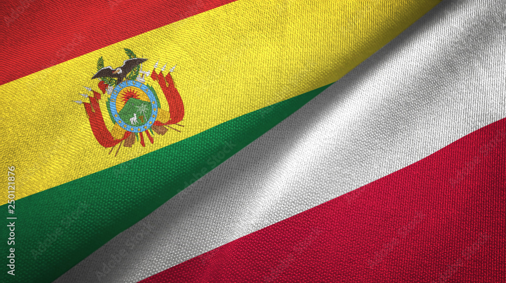 Fototapeta premium Bolivia and Poland two flags textile cloth, fabric texture