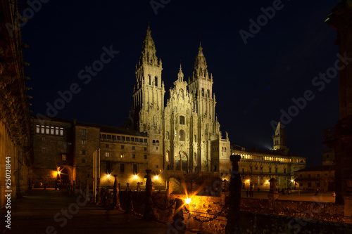 Santiago de Compostela Cathedral view at night. Cathedral of Saint James pilgrimage. Obradoiro square, Galicia, Spain