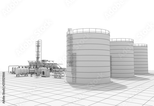 oil refinery  chemical production  waste processing plant  exterior visualization  3D illustration