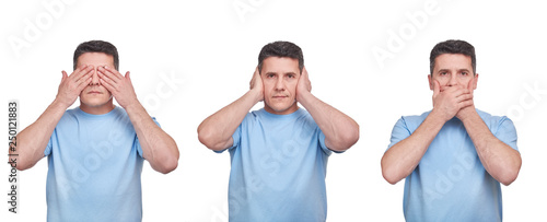 see nothing, hear nothing, say nothing concept. three adult middle aged men in blue t-shirts