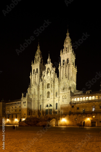 Santiago de Compostela Cathedral view at night. Cathedral of Saint James pilgrimage. Obradoiro square, Galicia, Spain © Formatoriginal