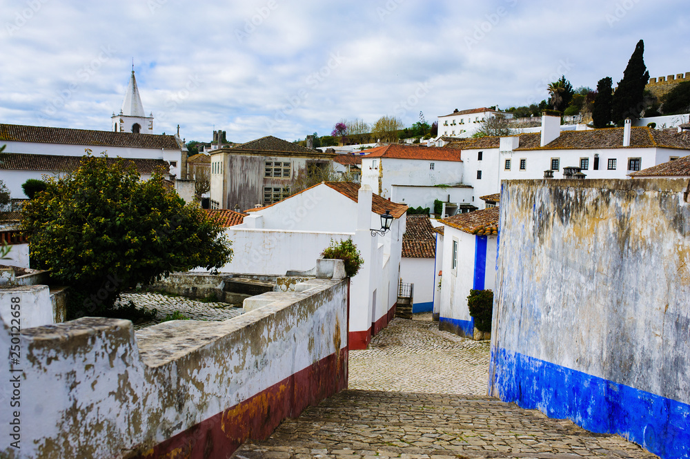 View to Historic Center City of Obidos, Portugal. Famous old medieval castle.