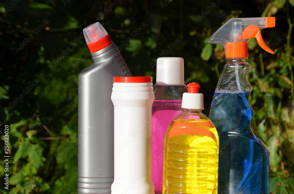 Household items,domestic cleaning sanitary supplies. window cleaner, cloth, brush, spring cleaning