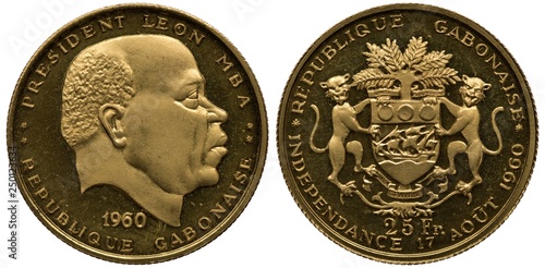 Obraz na płótnie Gabon Gabonese golden coin 25 twenty five francs 1960, subject Independence, hea