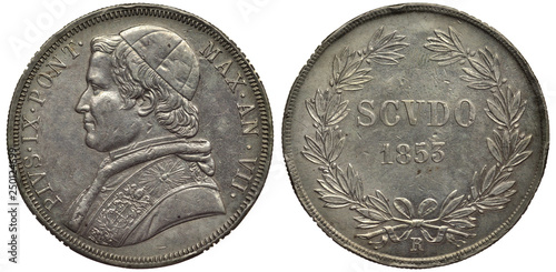 Vatican City silver coin 1 one scudo 1853, bust of Pope Pius IX left, value and date flanked by laurel sprigs,