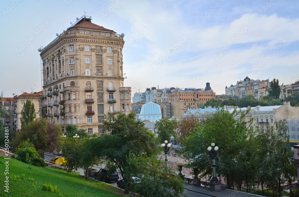 Khreshchatyk, the main street of Kyiv, the capital of Ukraine and its soviet monumental architecture.