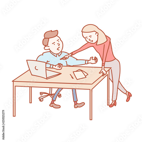 Colleagues discussing work task behid the desk