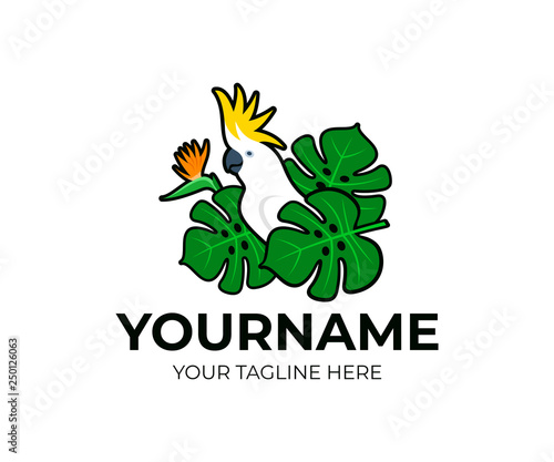 Cockatoo parrot bird sitting on monstera leaves and flowers, logo design. Animal, tropical wildlife, nature, paradise and travel, vector design and illustration