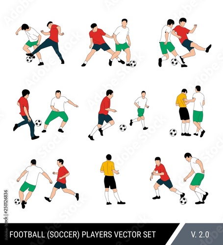 Football, soccer players vector set. Different poses of players, football players in motion: the struggle for the ball, the dispute of a football player with the judge, a trick, overtaking.