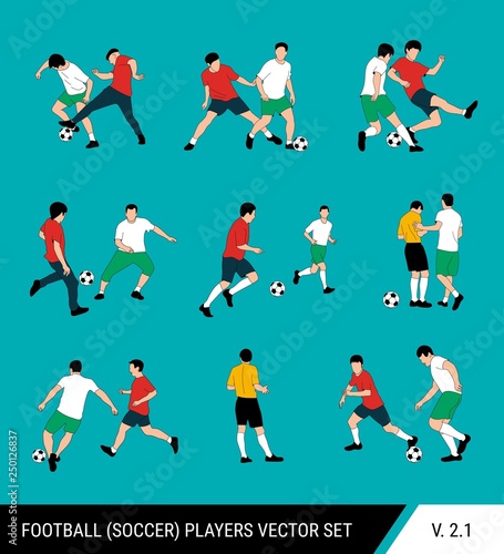 Football, soccer players vector set. Different poses of players, football players in motion: the struggle for the ball, the dispute of a football player with the judge, a trick, overtaking.