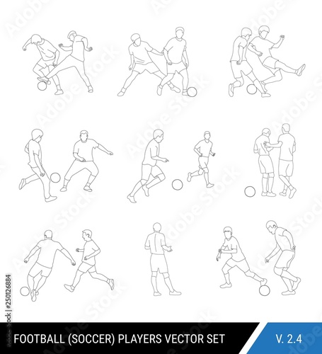 Football, soccer players outline vector set. Different poses of players, football players in motion: the struggle for the ball, the dispute of a football player with the judge, a trick, overtaking.