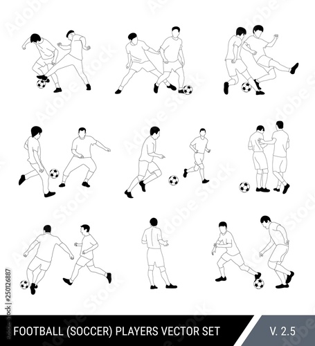 Football, soccer players outline vector set. Different poses of players, football players in motion: the struggle for the ball, the dispute of a football player with the judge, a trick, overtaking.