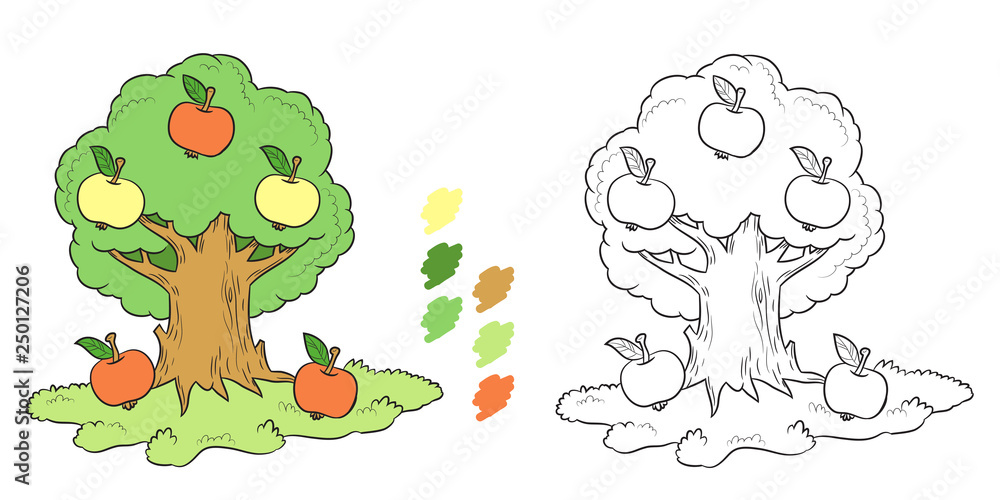 coloring book apple tree with yellow and red apples
