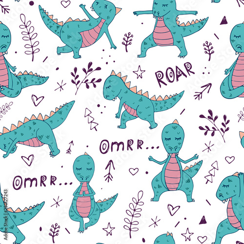 Handdrawn dinosaur in yoga asana seamless pattern