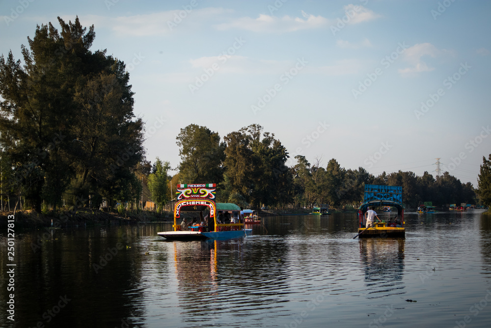 Two Boats on the Canals of Xochimilco, Mexico City