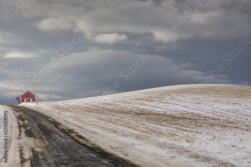 Small red barn, early winter, Otsego County, New York State, USA. photo