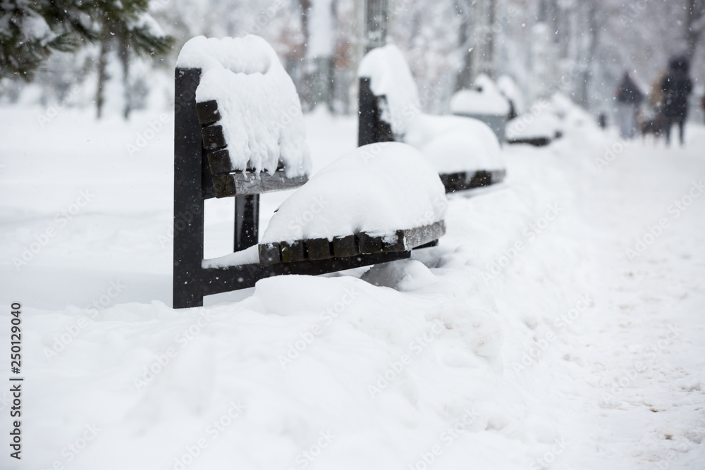 Winter park. Bench covered with fresh snow in the park Winter park. Bench covered with fresh snow in the park