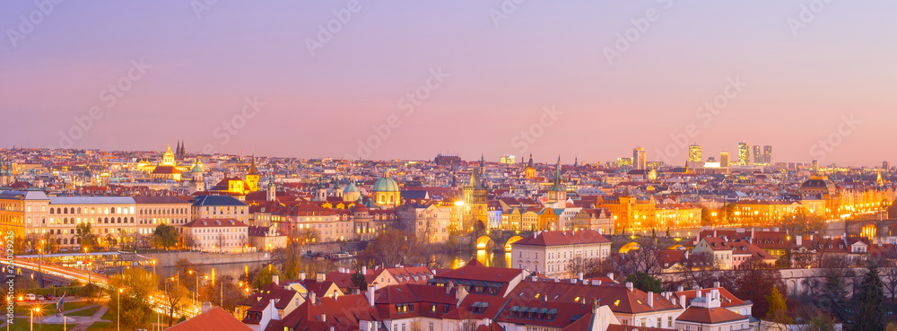 Panorama  Prague twilight Czech cityscape
