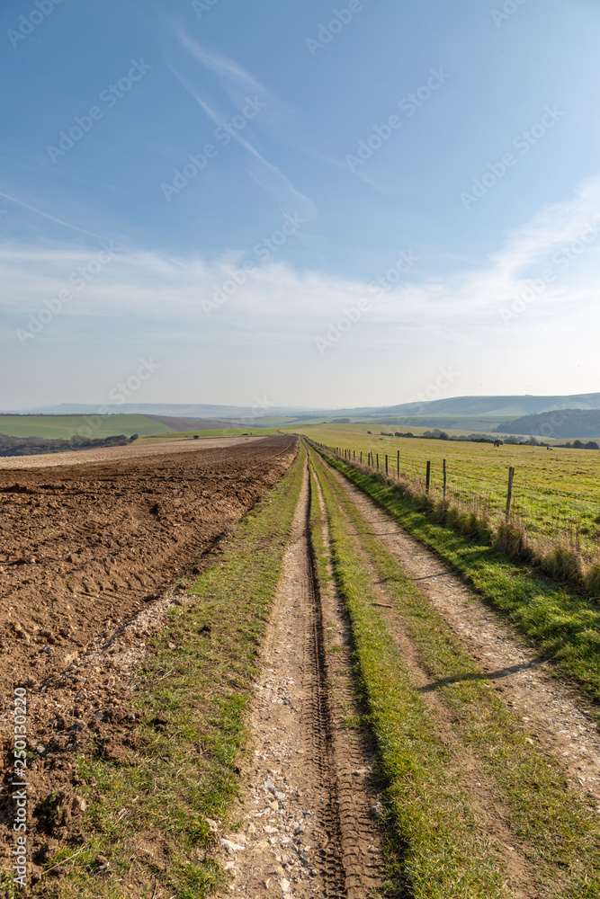 A pathway alongside farmland, in the South Downs in Sussex