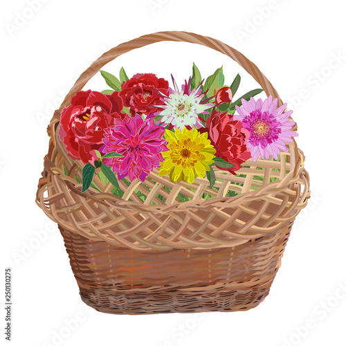 Wicker basket with flowers  vector isolated illustration