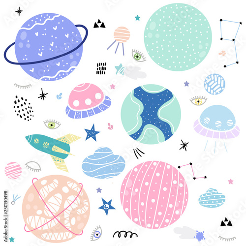 Set os cartoon cute space objects, planets, stars and comets.Modern hand drawn style. Vector Illustration.