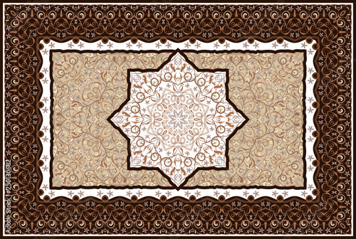 Vintage Arabic pattern. Persian colored carpet. Rich ornament for fabric design, handmade, interior decoration, textiles. Brown background.