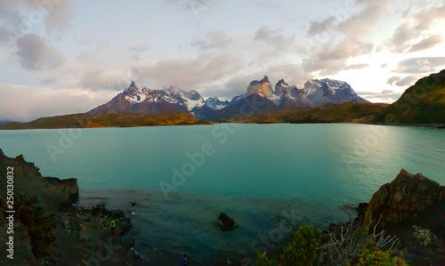 View of Torres del Paine mountains and Lake Pehoe in Chile