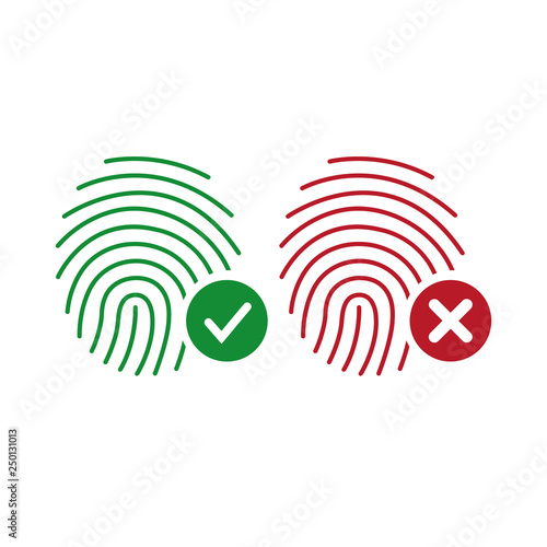 Fingerprint vector icons. Identity finger print or thumbprint set, security biometric symbols. checkmark and cross, accepted and deny scan result. Vector illustration isolated on white background.