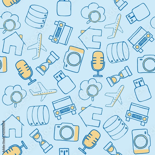 Set of diverse technological items and equipment doodle icons