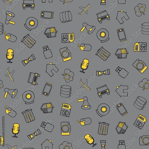 Set of diverse technological items and equipment doodle icons