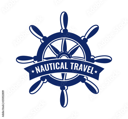 Vector emblem with steering wheel. Design element of badge with caption Nautical Travel. Logo illustration for signboard, posters or decoration of nautical tours and travel cruises