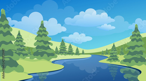 Spring or summer landscape with green meadows, clouds, trees, river and blue sky. Vector cartoon image of nature.