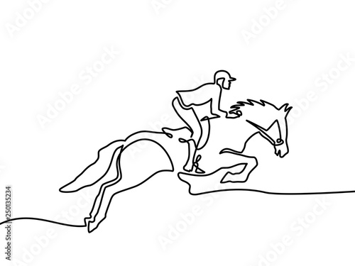 Continuous one line drawing. Horse and rider on horseback logo. Black and white vector illustration. - Vector