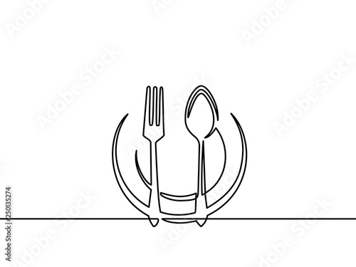 Continuous one line drawing.Forks, spoons, knife plates and all eating and cooking utensils, can be used for restaurant logos, cakes, business cards, banners and others. Black and white vector illustr