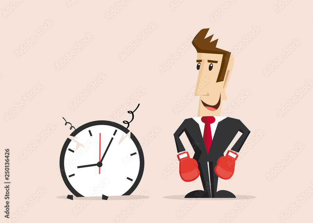 Happy Businessman with boxing gloves stands next to broken clock