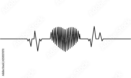 Continuous line drawing of heart with heartbeat on Black and white background. Vector