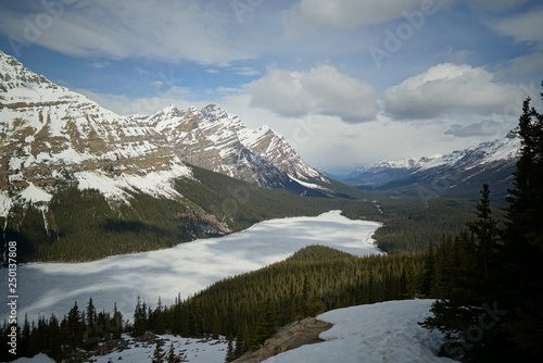 Peyto Lake covered in snow in Banff, Canada