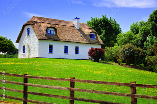 Valokuva Traditional thatched roof cottage house in rural Ireland with green lawn under b