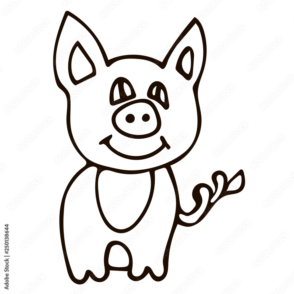 Fototapeta premium Cartoon doodle linear pig isolated on white background. Vector illustration. 