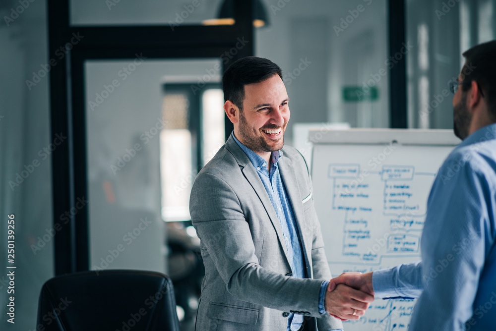 Cheerful businessman shaking hands with business partner.