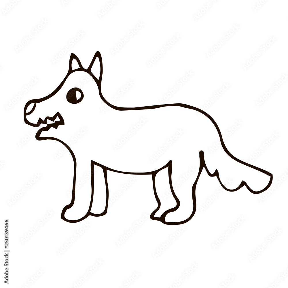 Cartoon doodle linear wolf isolated on white background. Vector illustration.   