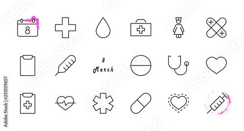 Set of Medicine vector line icons. It contains the first aid kit, nurse, syringe, thermometer, plastic, pills, heart, drop of blood, palpitation and much more. Editable Stroke. 32x32 pixels.
