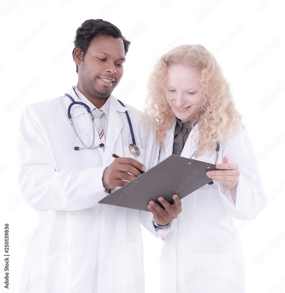 two doctors discussing a patient's diagnosis. isolated on white background two doctors discussing a patient's diagnosis. isolated on white background